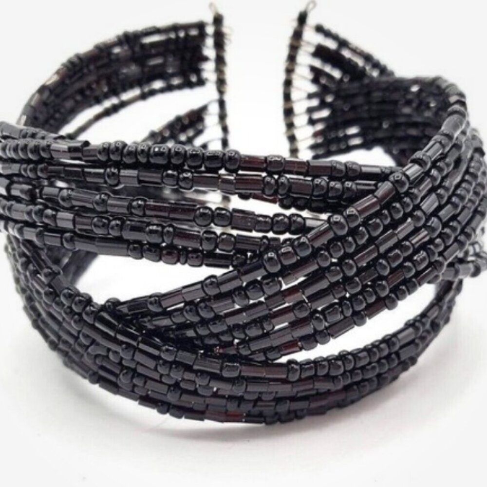 Vintage Handcrafted Memory Wire Cuff Bracelet Black Braided Seed Bead Stretch